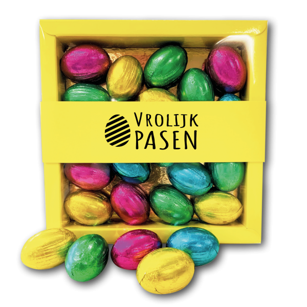 210 gram paaseitjes in doos gesloten met gepersonaliseerde banderol