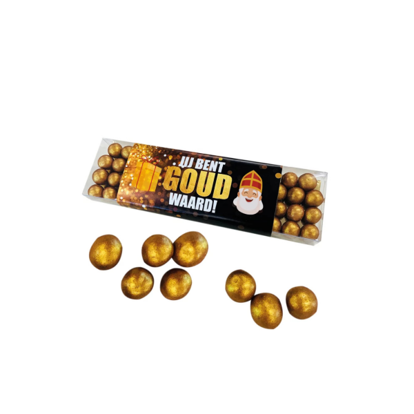 SINT Geschenkdoosje met gouden chocolade crispy parels - inclusief banderol